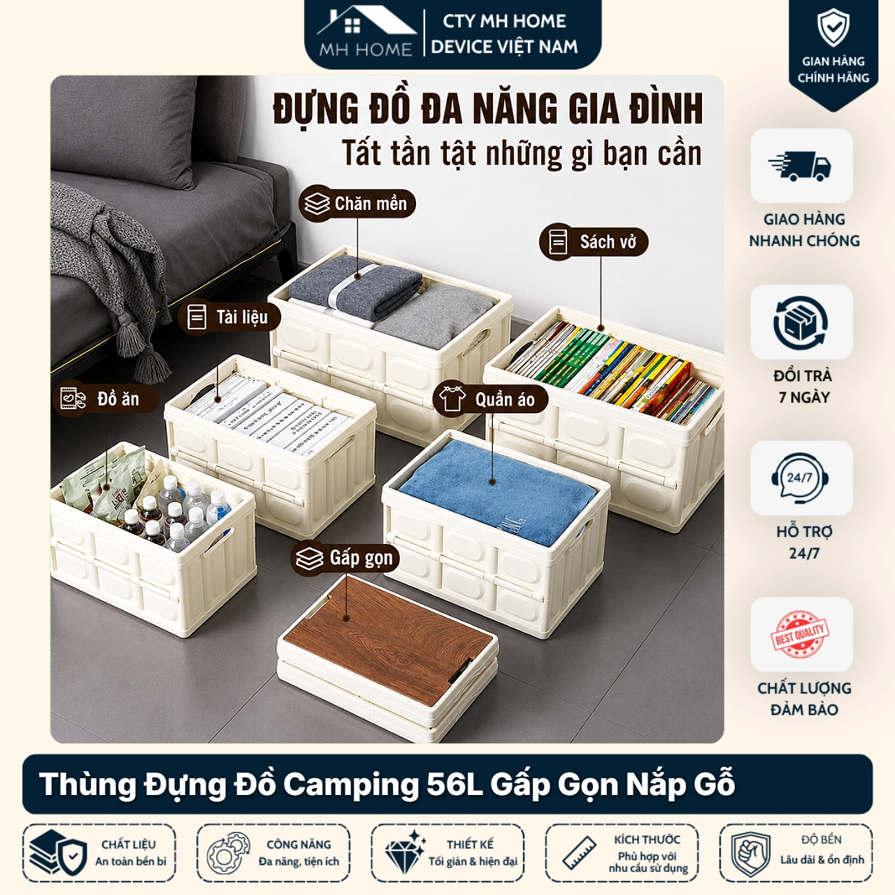 Thùng Đựng Đồ Camping 56L Gấp Gọn Nắp Gỗ – Hộp Đựng Đồ Dã Ngoại Đa Năng Làm Bàn Picnic